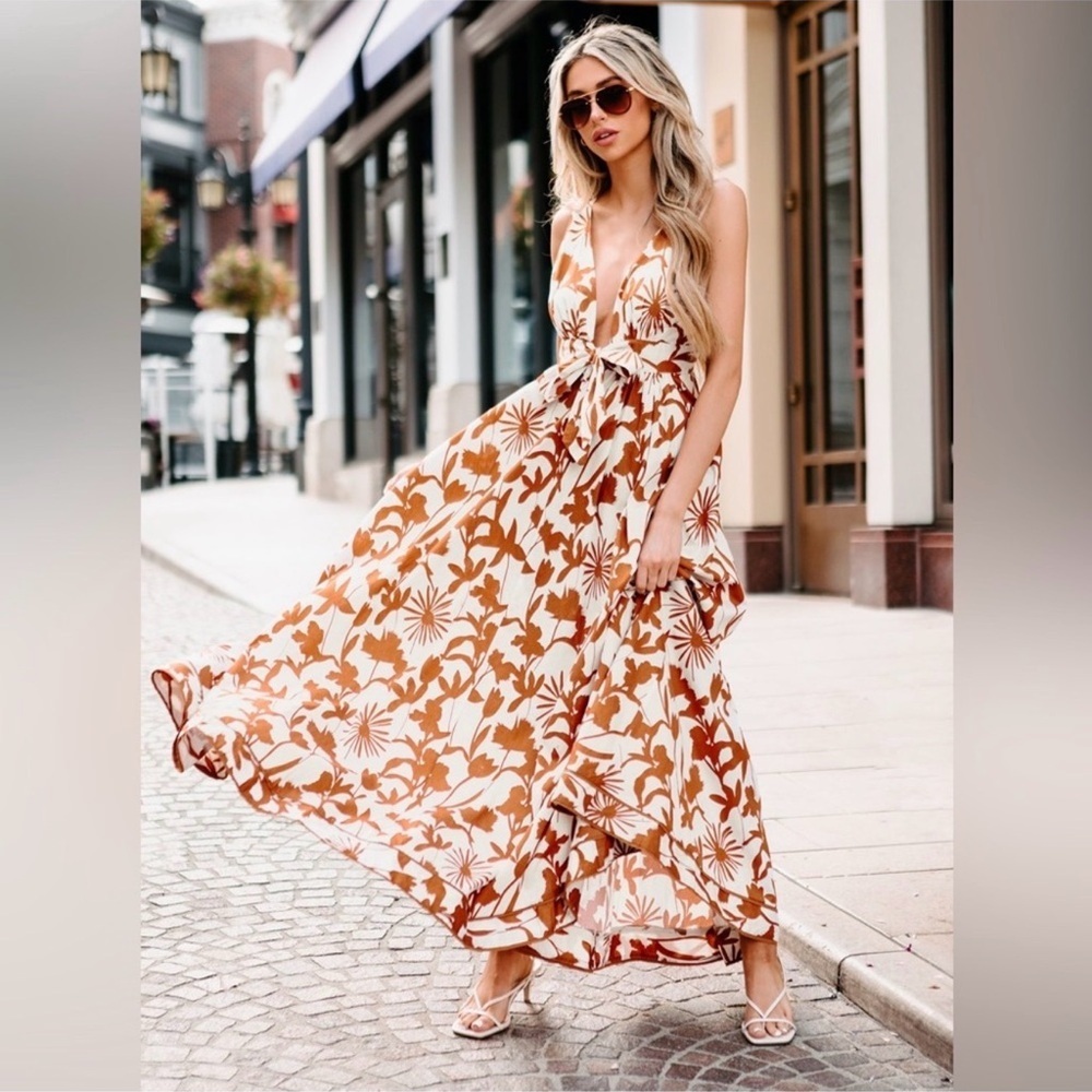 Aakaa 100% Cotton Plunge Neck Floral Maxi Dress Colorful Boho Resort Women’s S